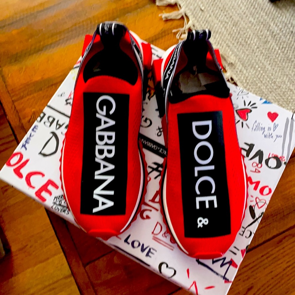 Dolce & Gabbana Red and Black Slip-On Logo Sneakers
